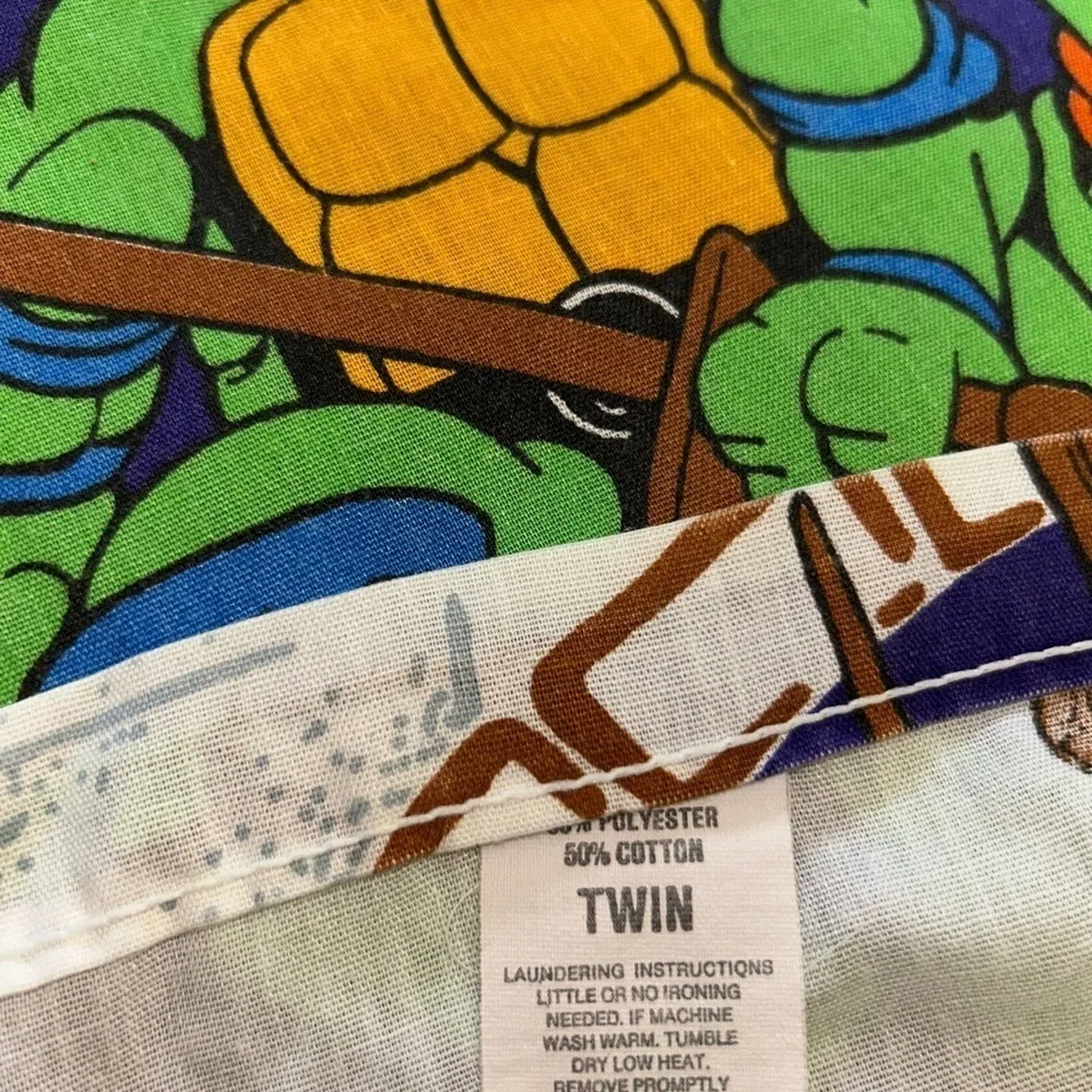 Vintage 1990 Twin Sheet Set Flat Fitted Pillowcase Teenage Mutant Ninja Turtles